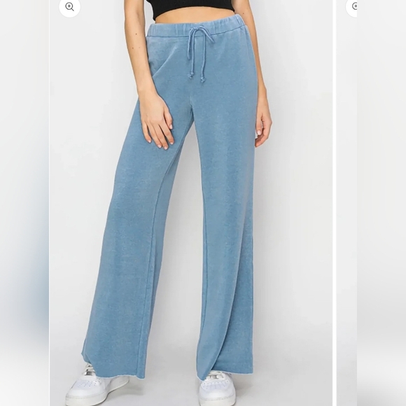 💙 Steel Blue High Waist Wide Leg Draw String Lounge Pants - Picture 1 of 4